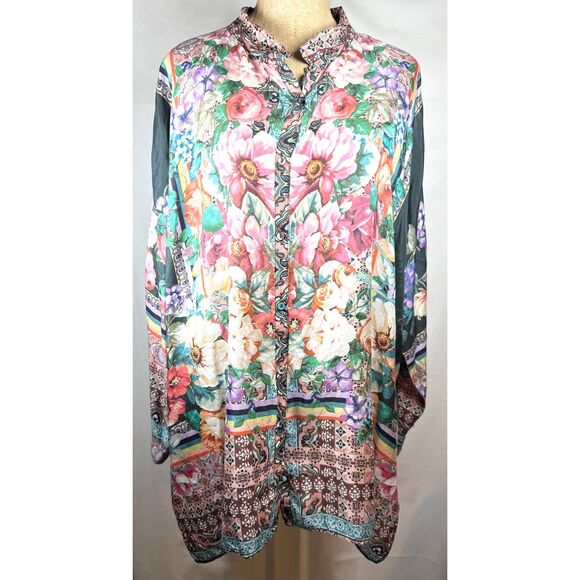 Johnny Was SILK Floral Bethia Mixed-Print Button Long-Sleeve PLUS Kimono Top - Picture 2 of 12